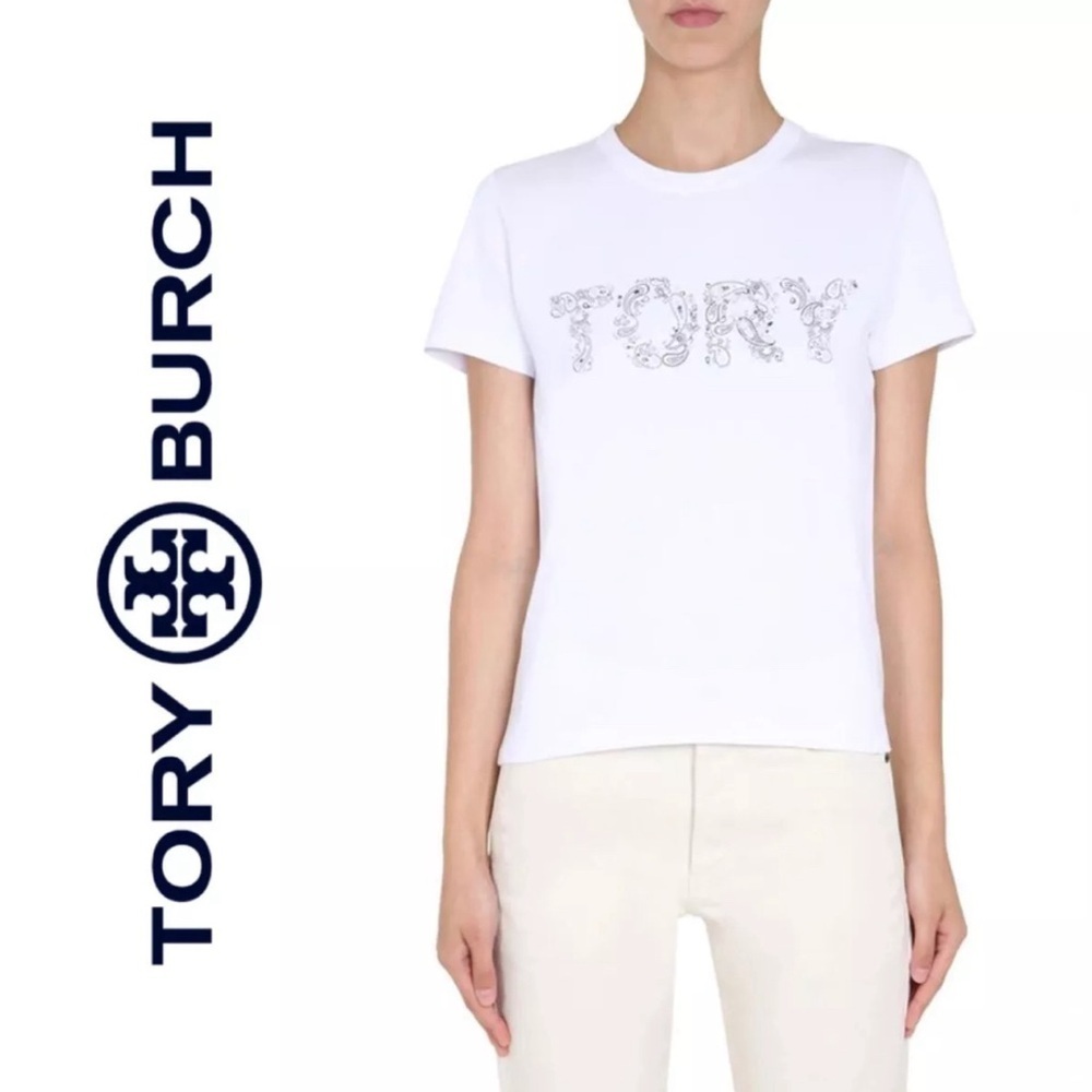 Tory Burch Paisley Embellished Logo Cotton T-Shirt Crew Neck Short Sleeve, NWOT